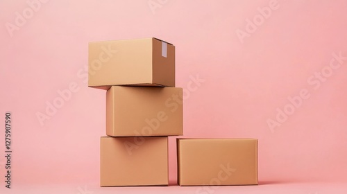 Stacked cardboard box on a pink background, ideal for packaging and shipping themes