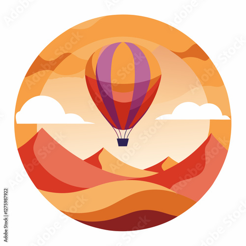 A colorful hot air balloon floats above stylized desert landscapes