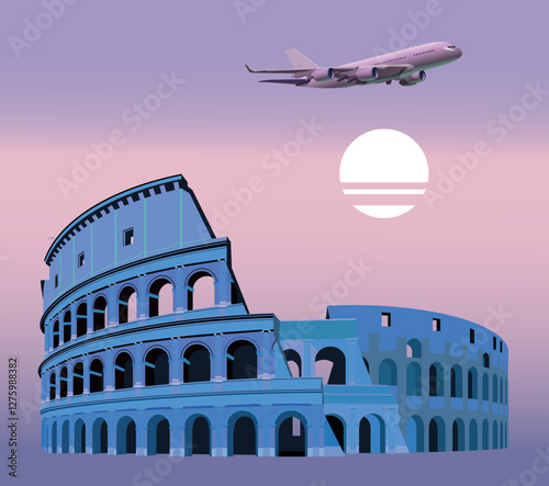 Colosseum in the evening against the background of the moon and an airplane. Vector.