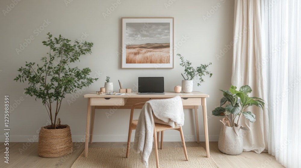 A beautifully arranged minimalist workspace featuring a light wood desk, a laptop on top, and a soft throw blanket draped over the chair for a cozy touch A beautifully arranged minimalist workspace featuring a light wood desk, a laptop on top, and a soft throw blanket draped over the chair for a cozy touch