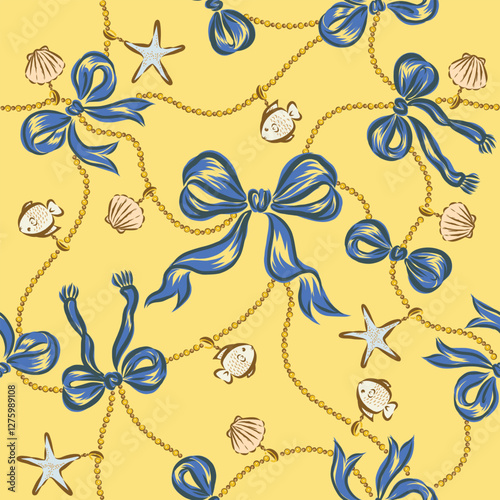Seamless pattern of ribbons and sea life accessory.You can change color from the EPS file.