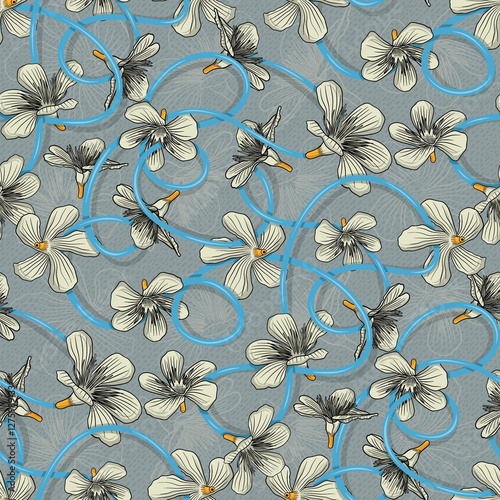 Seamless lilies flowers with blue ribbon. Hand drawn floral all over print design