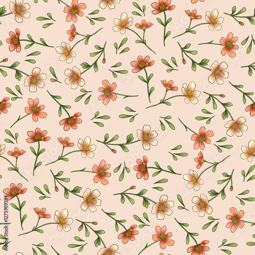 Little Watercolor Flowers Seamless Pattern, Hand Drawn Floral All Over Print Design.