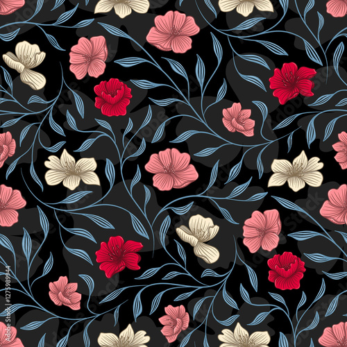 Colorful flowers on black background. Hand drawn floral illustration.