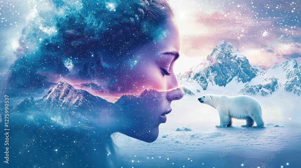 Fototapeta premium Enchanting polar bear encounter arctic landscape digital art ethereal environment close-up view nature and emotions