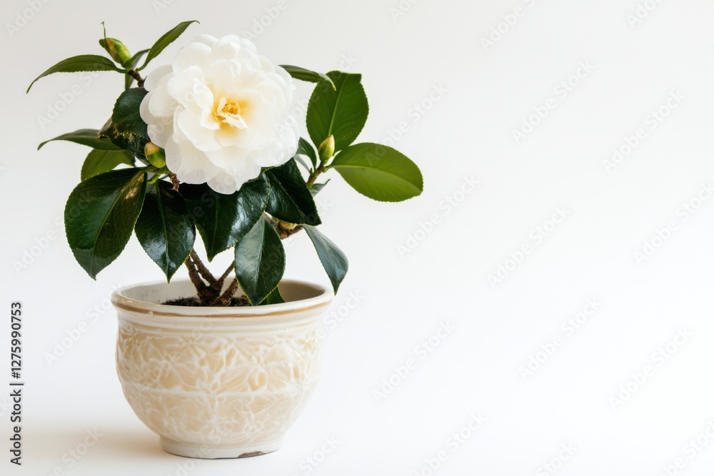 Camellia plant displayed in a trendy pot with vibrant white flower and lush green leaves against a white backdrop