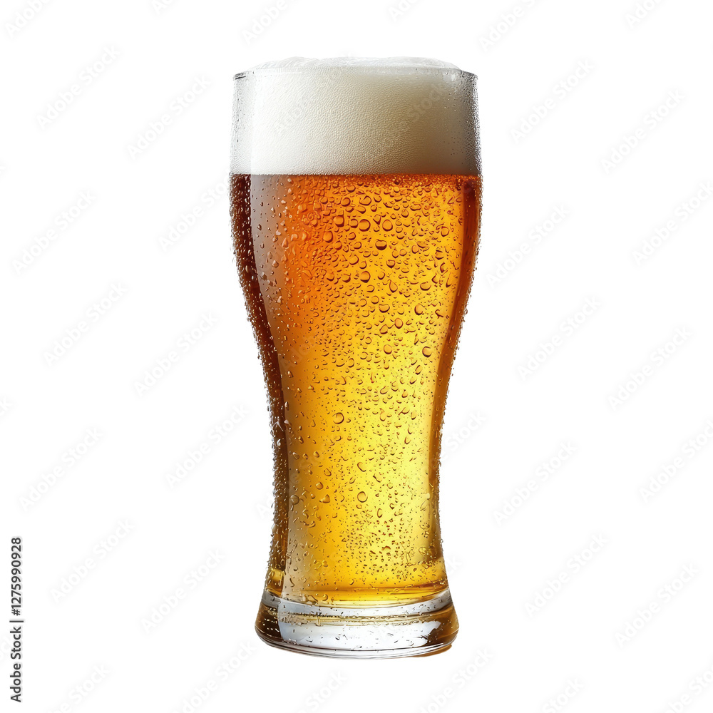 Refreshing Cold Beer in a Clear Glass with Foamy Head and Droplets on Glass Surface Refreshing Cold Beer in a Clear Glass with Foamy Head and Droplets on Glass Surface