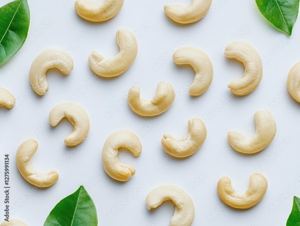 Scattered Cashew Nuts with Green Leaves on White Background. Scattered Cashew Nuts with Green Leaves on White Background.