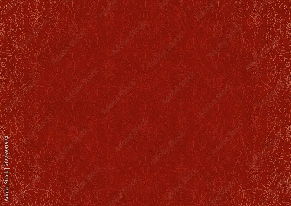 Fototapeta premium Hand-drawn unique abstract ornament. Light red on a bright red background, with vignette of same pattern in golden glitter. Paper texture. Digital artwork, A4. (pattern: p13-1c)