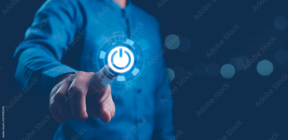 Businessman pressing power button concept. Digital technology touch screen. Hardware equipment concept. Start or shut down concept.