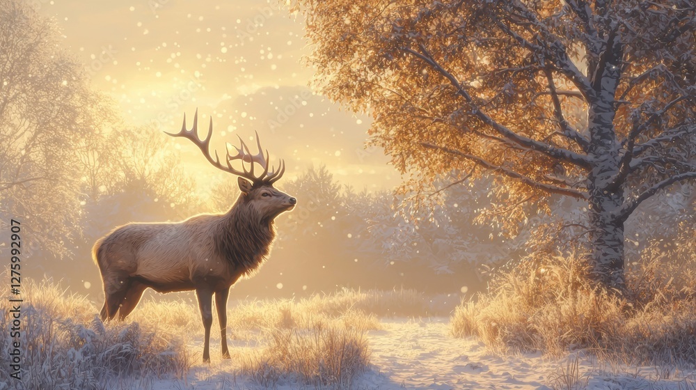 Majestic elk standing in snowy forest at sunrise nature photography serene environment artistic viewpoint Majestic elk standing in snowy forest at sunrise nature photography serene environment artistic viewpoint