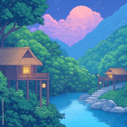 Pixel Art Serene Wooden Cabin by Tranquil River under Starry Night Sky