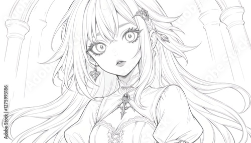 Elegant fantasy anime girl with flowing dress, magical aura, detailed coloring book page