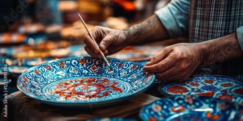 Craftsman painting traditional turkish ceramics with ornate designs photo