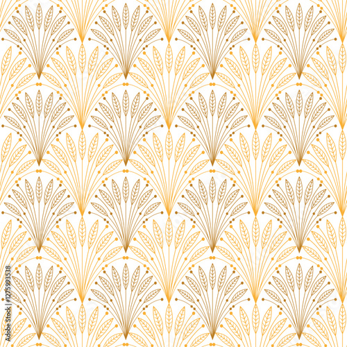Art Deco style seamless pattern. Geometric decorative texture with brown leaves silhouettes. Vector floral illustration on a white background.