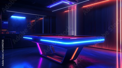 Futuristic pool table in a dark room illuminated by neon lighting, setting a cool and sleek environment for high-tech gaming