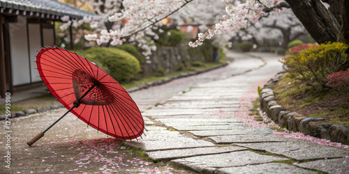 Traditional Japanese paper parasol on a stone path