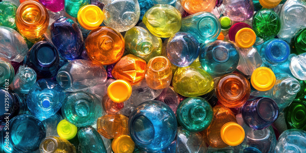 A vibrant pile of colorful plastic bottles in various shapes and sizes collected for recycling efforts A vibrant pile of colorful plastic bottles in various shapes and sizes collected for recycling efforts