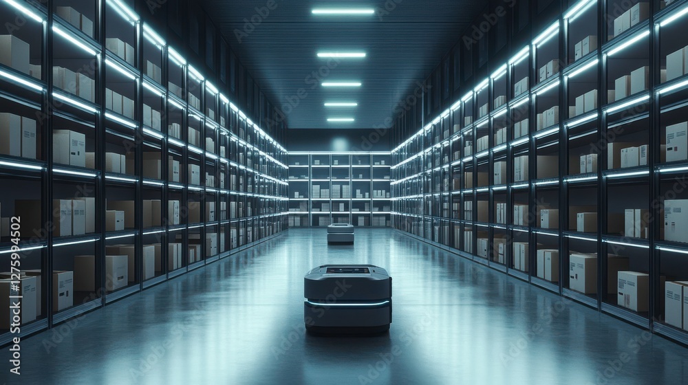Obraz premium A modern warehouse scene featuring robotic automation, illuminated shelves filled with boxes, and a sleek, high-tech atmosphere.