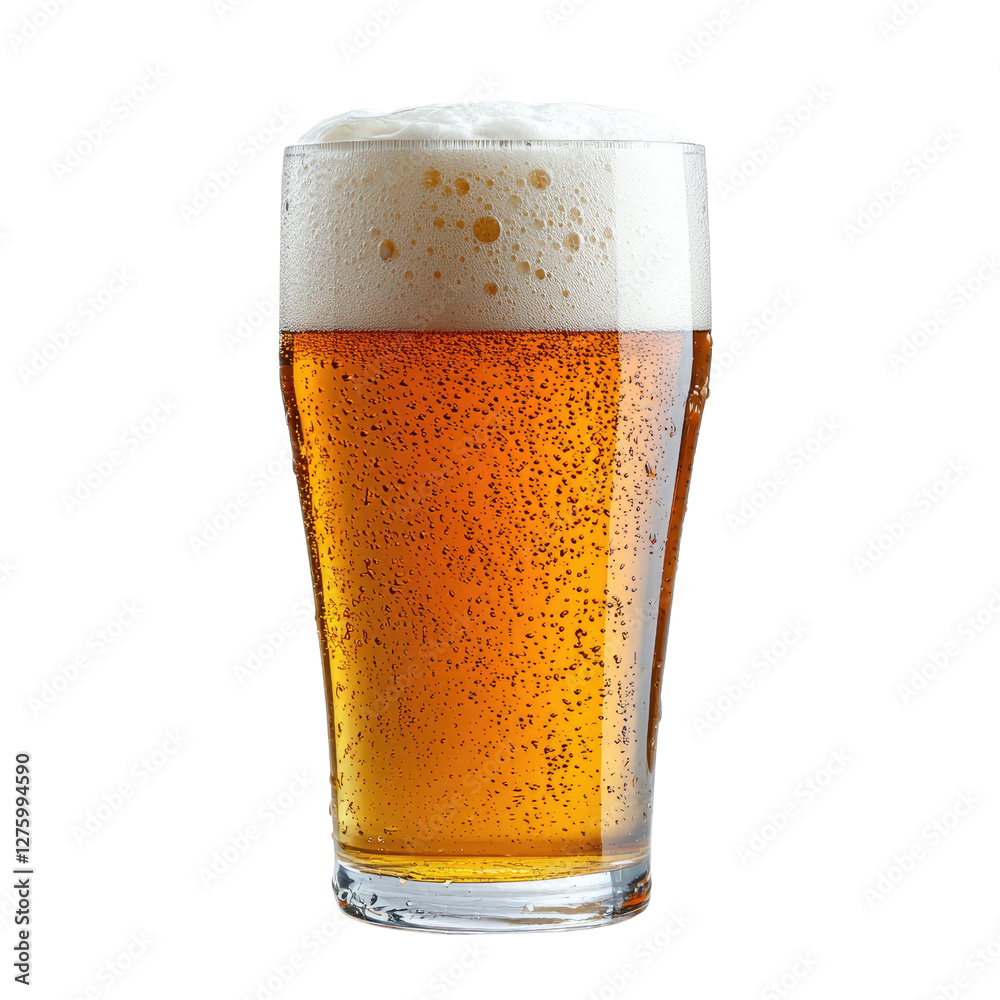 Refreshing cold glass of amber craft beer with frothy head, bubbles, and condensation on a white background Refreshing cold glass of amber craft beer with frothy head, bubbles, and condensation on a white background