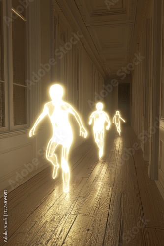 Glowing animated figures running playfully on a wooden floor in a dimly lit corridor, creating a whimsical ambiance.