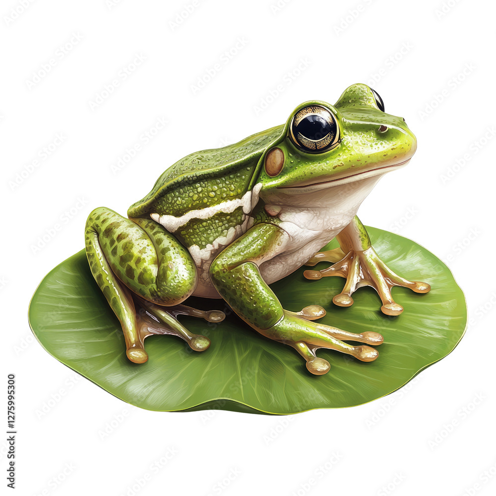 Obraz premium Lifelike Green Frog Sitting on a Leaf with Reflective Eyes in a Serene Natural Environment