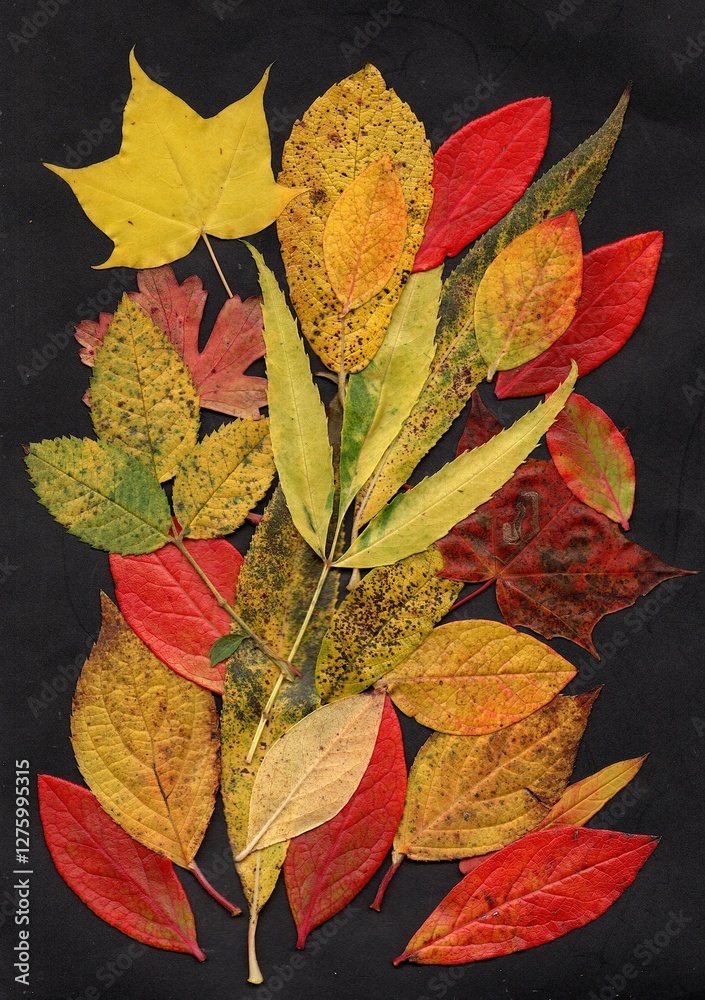 Obraz premium Pressed autumn leaves on a black background.