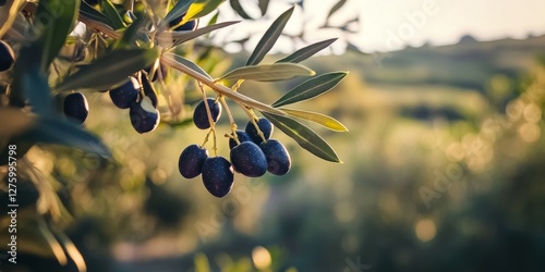 Black olives hanging on branch in turkish orchard at sunset