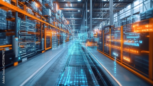 A futuristic warehouse with glowing data streams, showcasing advanced technology and efficient logistics in a high-tech environment.