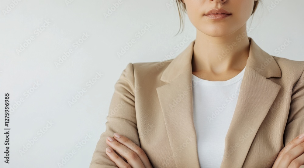 Professional woman in business attire office setting portrait neutral background confident stance