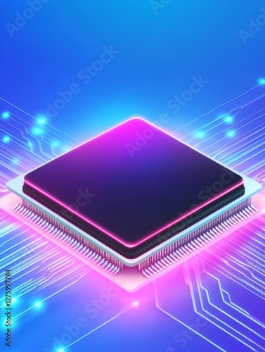 Advanced Microprocessor Technology - Close-up of a modern microprocessor on a circuit board, glowing with vibrant pink and blue light. Represents technological advancement