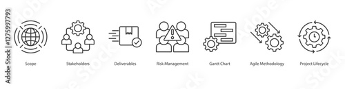 Project Icon scope, stakeholders, deliverables, risk management, gantt chart, agile methodology, project lifecycle
