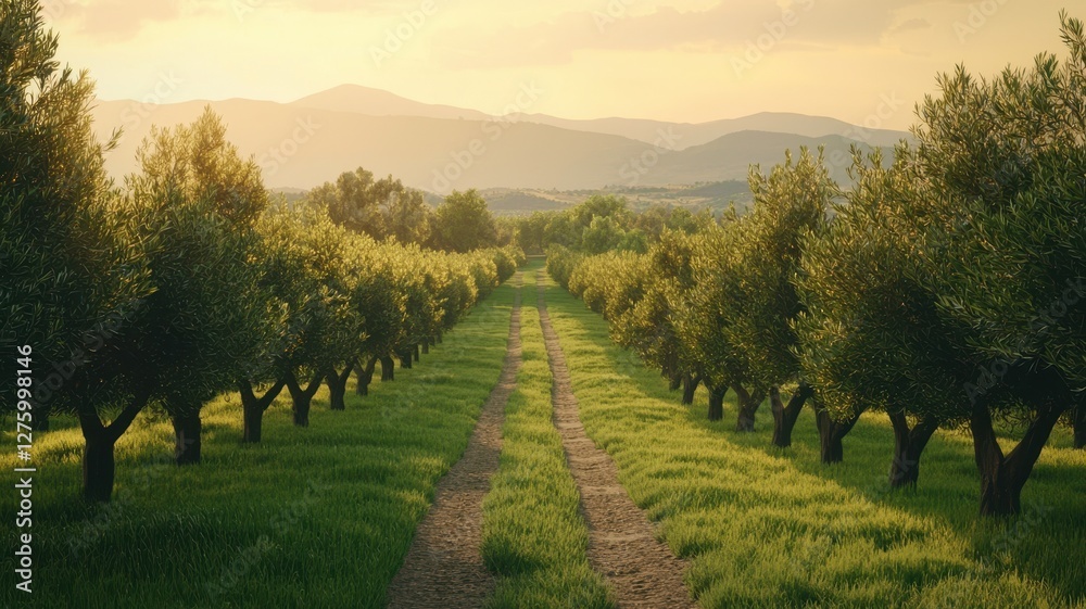 Naklejka premium Serene Olive Grove Landscape Sunset Path and Rolling Hills