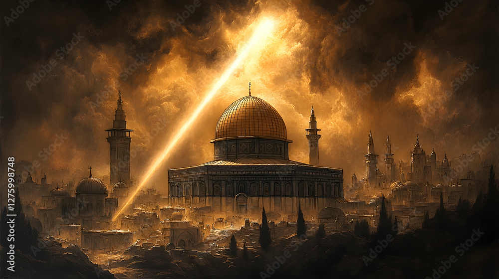 Obraz premium Golden Dome Jerusalem, divine light, stormy sky, religious artwork, faith