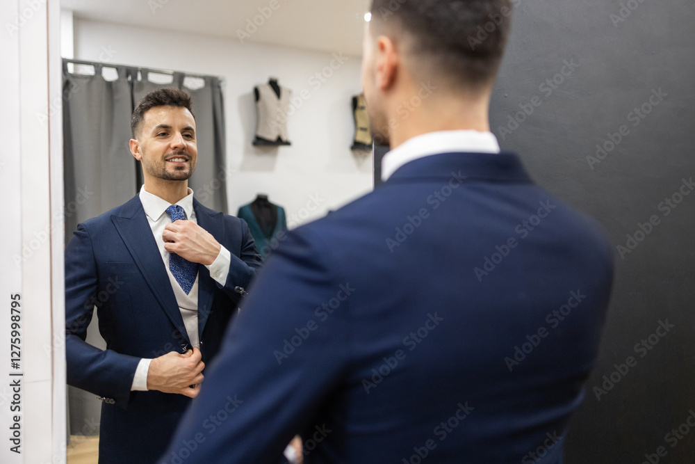 Man Adjusts Tie While Wearing Suit and Smiling in Mirror of the Store