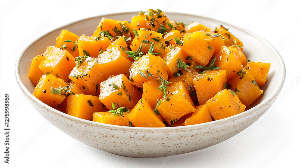 A bowl filled with diced butternut squash, bright orange A bowl filled with diced butternut squash, bright orange