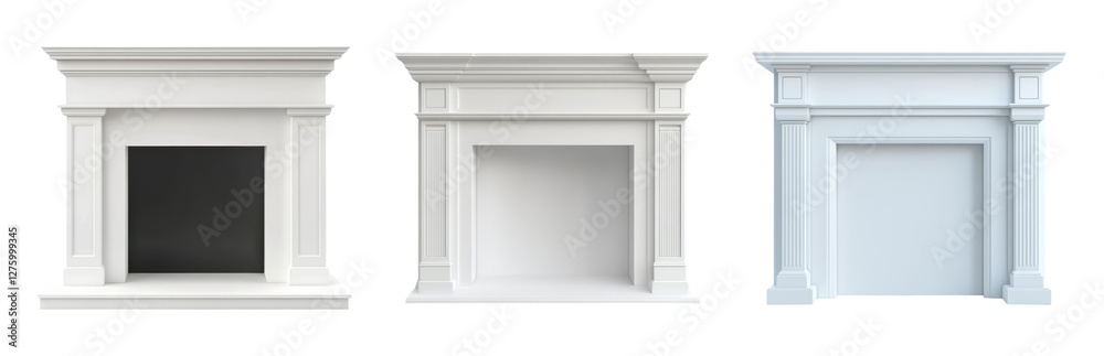 Obraz premium Three Elegant White Fireplaces with Varied Designs Isolated on transparent background