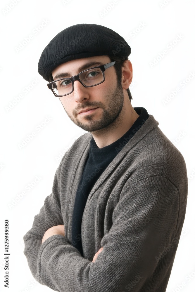 Professional artist with a thoughtful expression wearing a beret and glasses on a clean white background Professional artist with a thoughtful expression wearing a beret and glasses on a clean white background