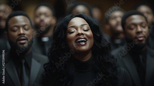Gospel singer leads choir, performance, church, music, indoor, spiritual, worship, background blurred, event promotion