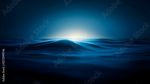 Abstract Blue Geometric Landscape with Glowing Horizon and Wavy Textured Surfaces
