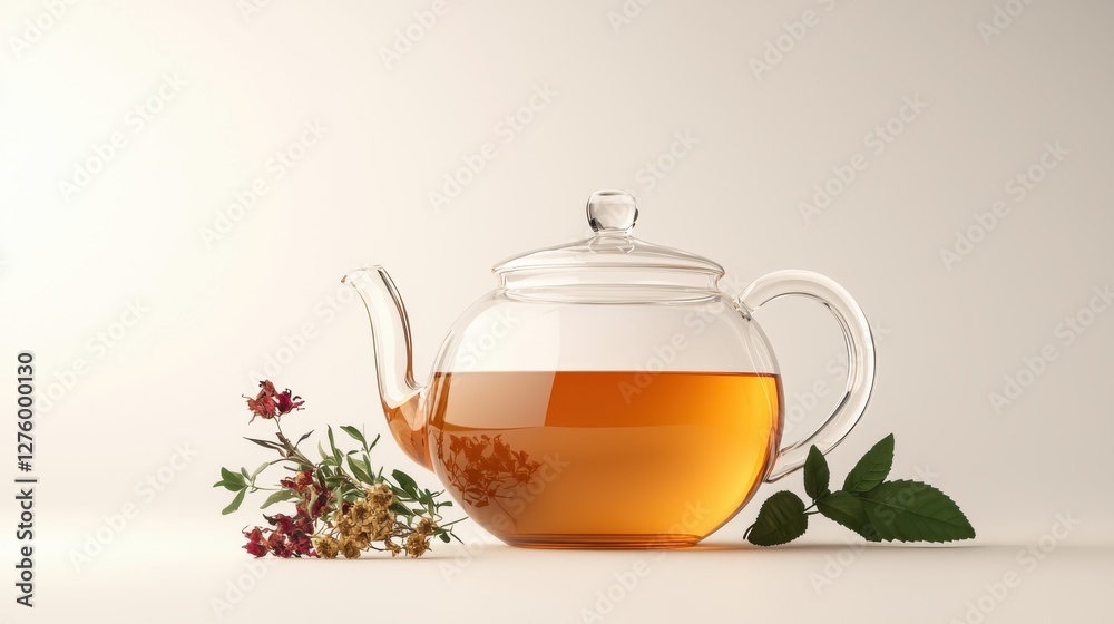 Crystal Teapot with Herbal Tea and Fresh Ingredients on a Light Background Crystal Teapot with Herbal Tea and Fresh Ingredients on a Light Background