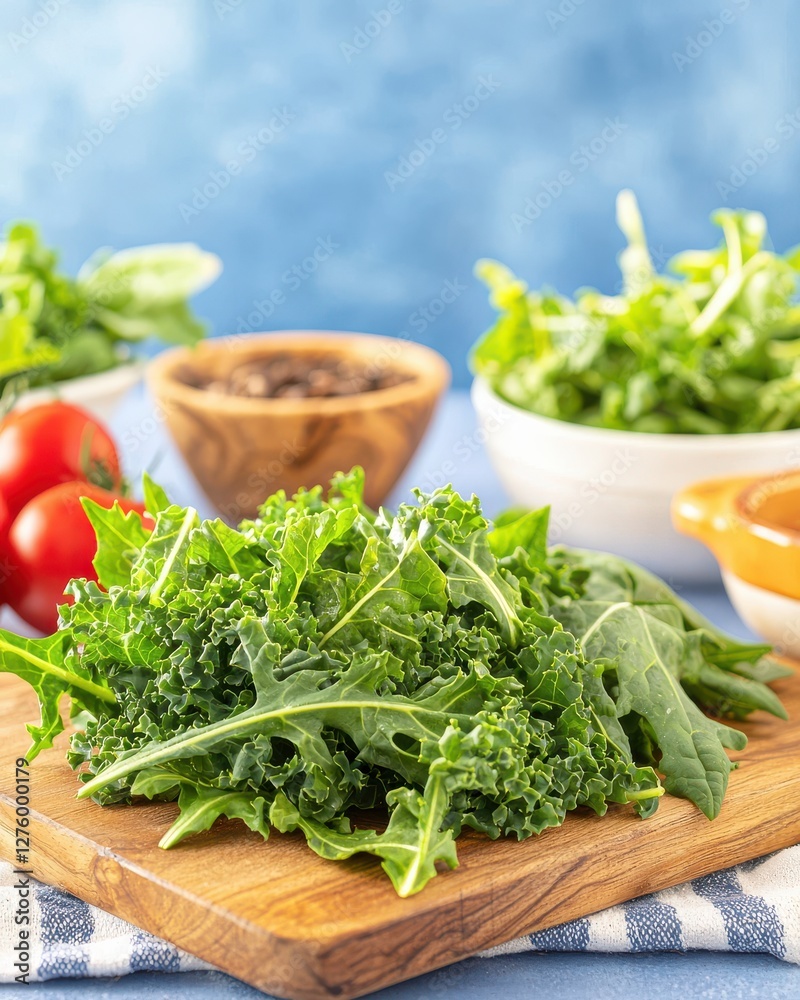 Fresh Kale and Ingredients on Cutting Board with Blue Background