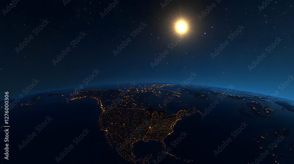 Fototapeta premium Stunning Night View of North America from Space Showing City Lights and a Bright Sun