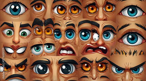 Funny cartoon eyes. Human eye, angry and happy facial eyes expressions. Comic facial character caricature, human eye emotions doodle. Isolated vector illustration icons ,generative.ai
