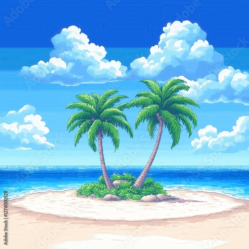 Pixel Art Tropical Island Paradise with Palm Trees and Clear Blue Ocean View
