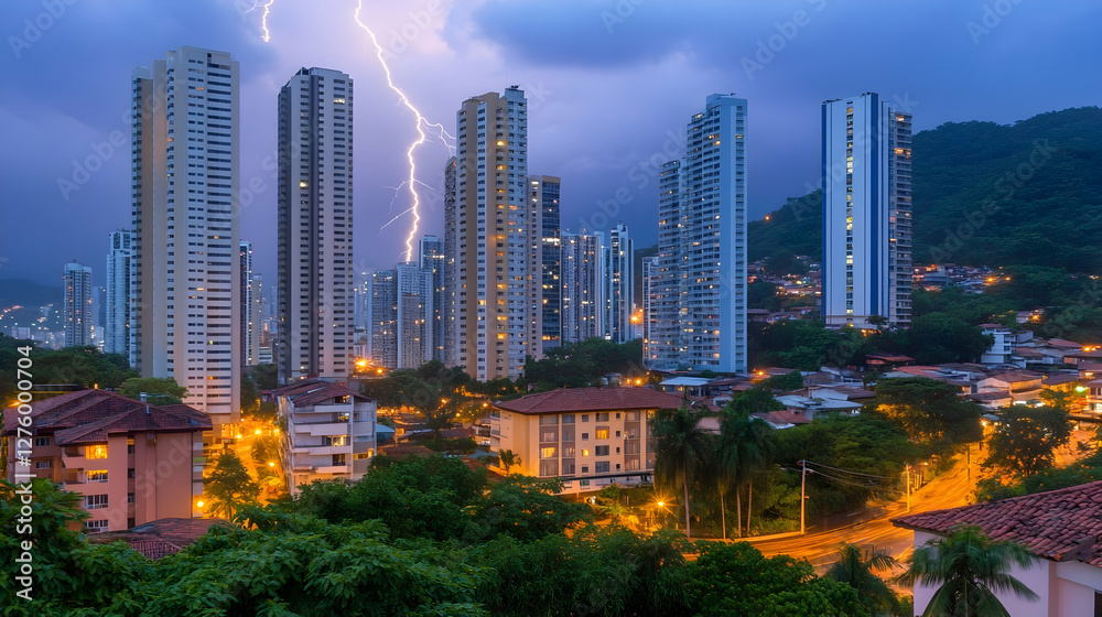 Obraz premium City skyline at dusk with thunderstorm