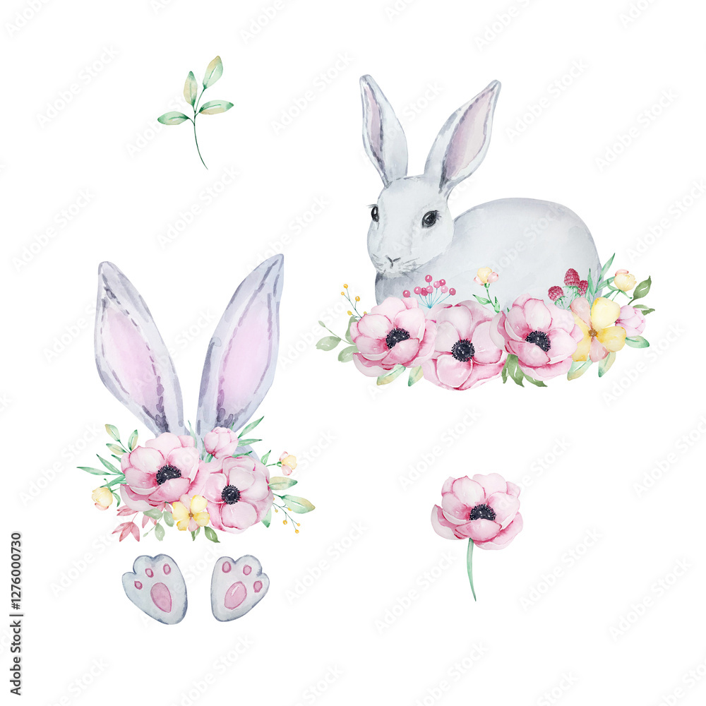 Fototapeta premium Watercolor Easter Rabbit and Bunny ears with spring flowers