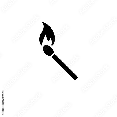 Burning Match Stick, Ablaze Matchstick Solid Flat Vector Icon Isolated on White Background.