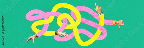 Canvas Print Confused pathways intertwine with hands showing approval and disapproval, illustrating complexity of decision-making