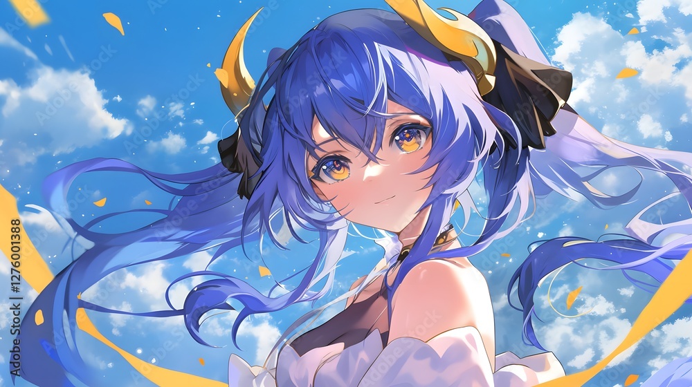 Character with blue hair and horns looks towards the viewer under a bright sky filled with clouds during a sunny day Character with blue hair and horns looks towards the viewer under a bright sky filled with clouds during a sunny day